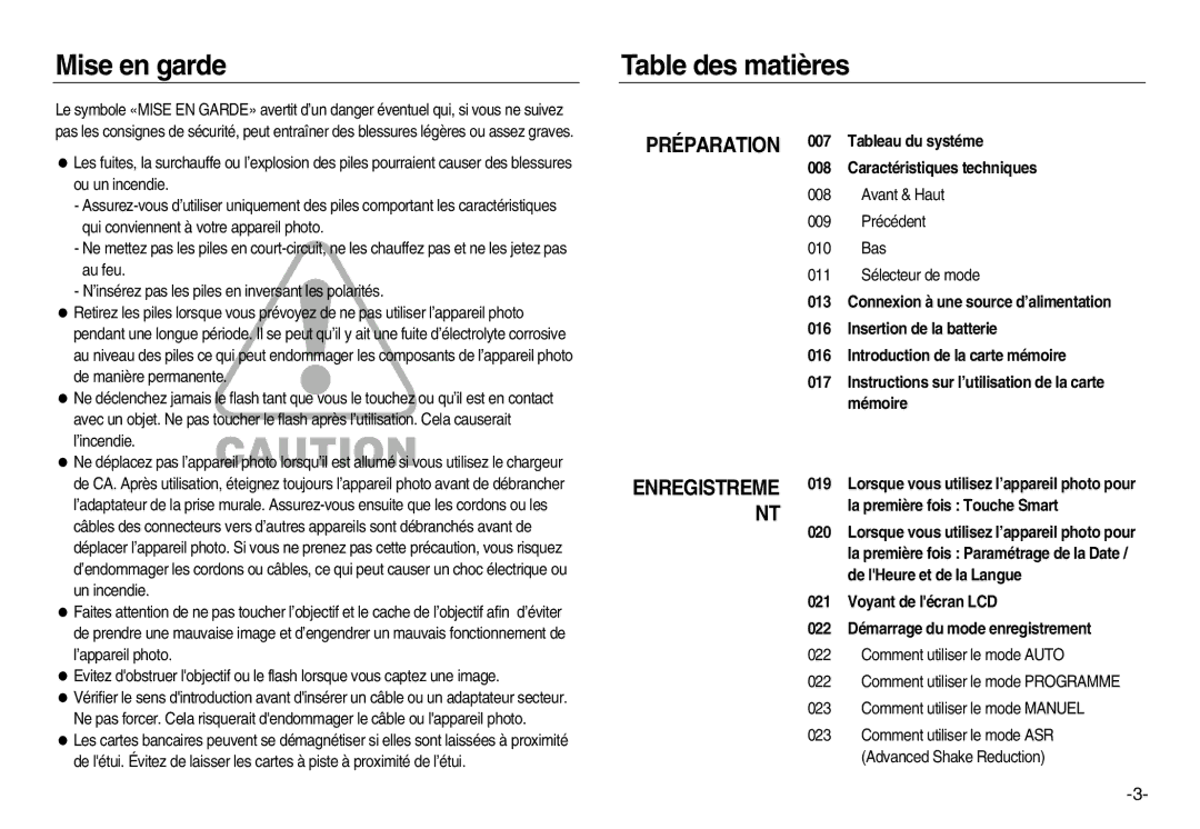 Samsung EC-NV15ZSDA/E3, EC-NV15ZSBA/E1, EC-NV15ZBBA/E2, EC-NV15ZSBA/E2, EC-NV15ZBBA/E1 manual Mise en garde, Table des matières 