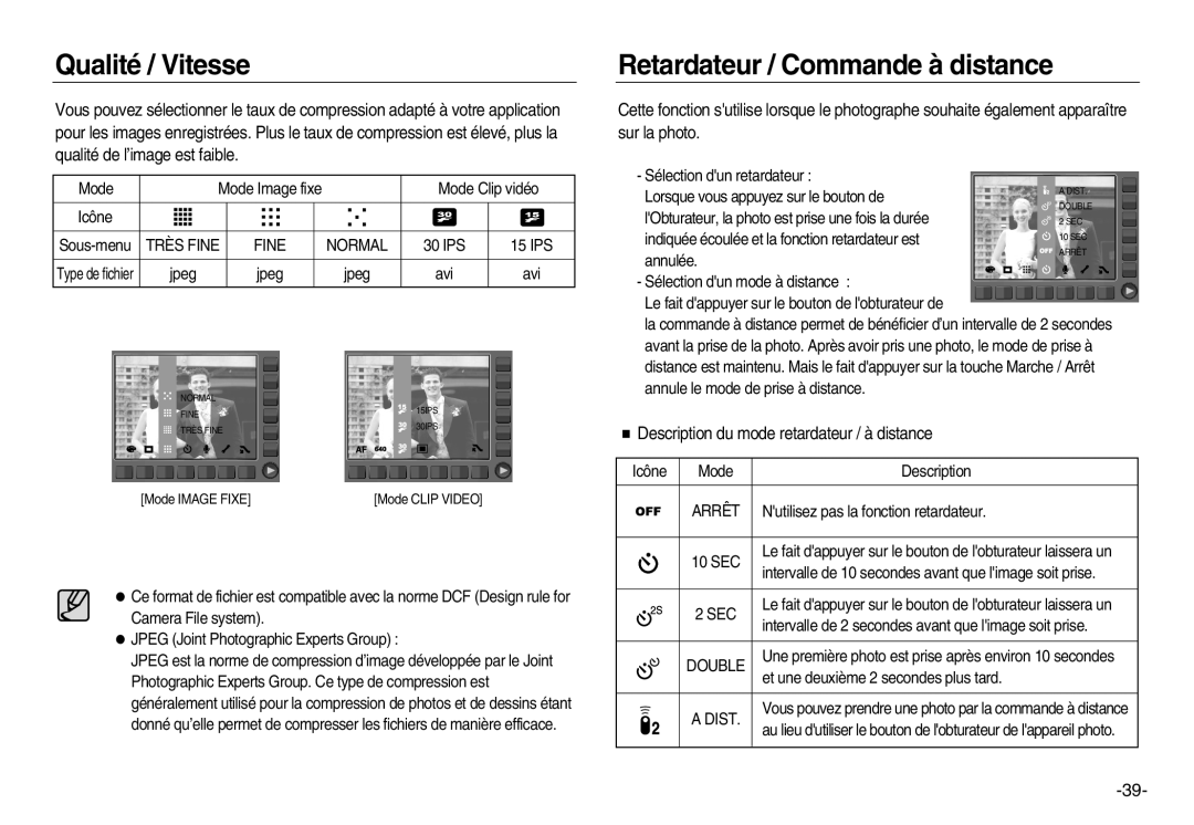 Samsung EC-NV15ZSDA/E3 Qualité / Vitesse, Retardateur / Commande à distance, Description du mode retardateur / à distance 