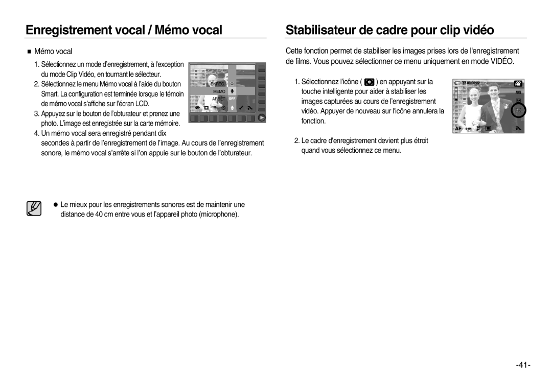 Samsung EC-NV15ZSBA/E1, EC-NV15ZBBA/E2, EC-NV15ZSBA/E2, EC-NV15ZBBA/E1 Stabilisateur de cadre pour clip vidéo, Mémo vocal 