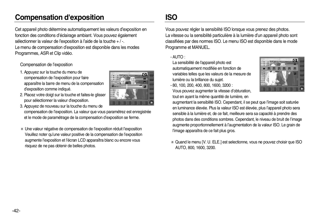 Samsung EC-NV15ZBBA/E2, EC-NV15ZSBA/E1, EC-NV15ZSBA/E2, EC-NV15ZBBA/E1, EC-NV15ZSDA/E3 manual Compensation dexposition, Iso 