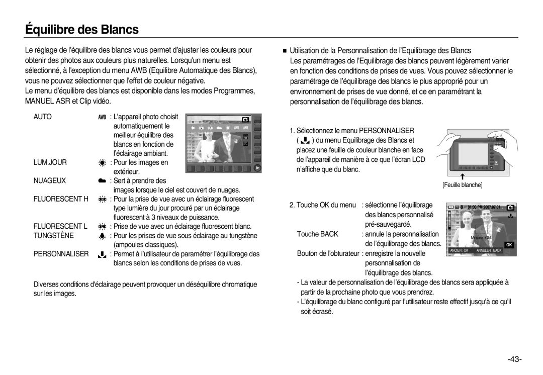 Samsung EC-NV15ZSBA/E2, EC-NV15ZSBA/E1, EC-NV15ZBBA/E2, EC-NV15ZBBA/E1, EC-NV15ZSDA/E3, EC-NV15ZBDA/E3 Équilibre des Blancs 