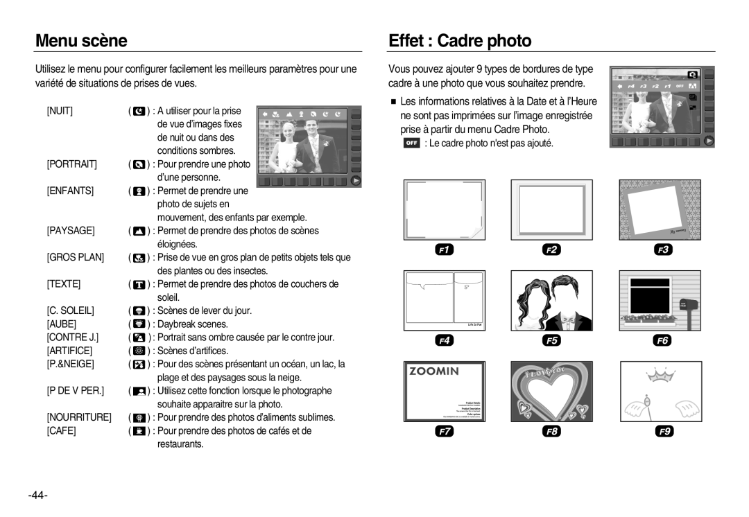 Samsung EC-NV15ZBBA/E1, EC-NV15ZSBA/E1, EC-NV15ZBBA/E2, EC-NV15ZSBA/E2 manual Menu scène, Effet Cadre photo, Contre J 