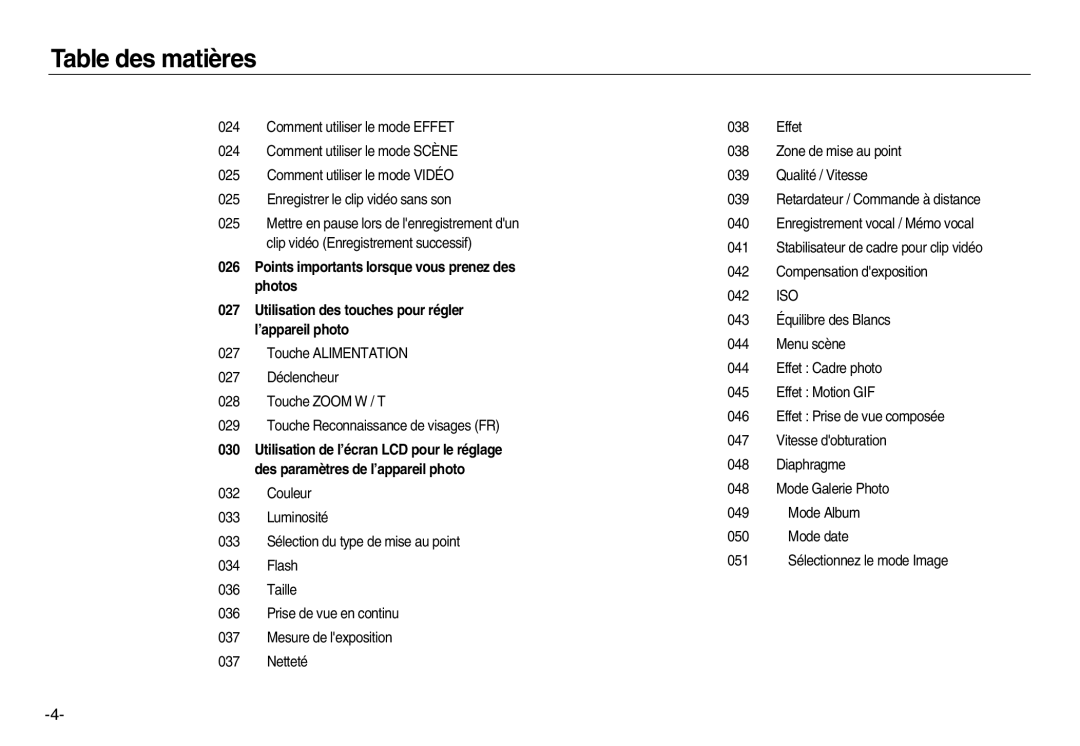 Samsung EC-NV15ZBDA/E3, EC-NV15ZSBA/E1, EC-NV15ZBBA/E2, EC-NV15ZSBA/E2, EC-NV15ZBBA/E1, EC-NV15ZSDA/E3 manual Table des matières 