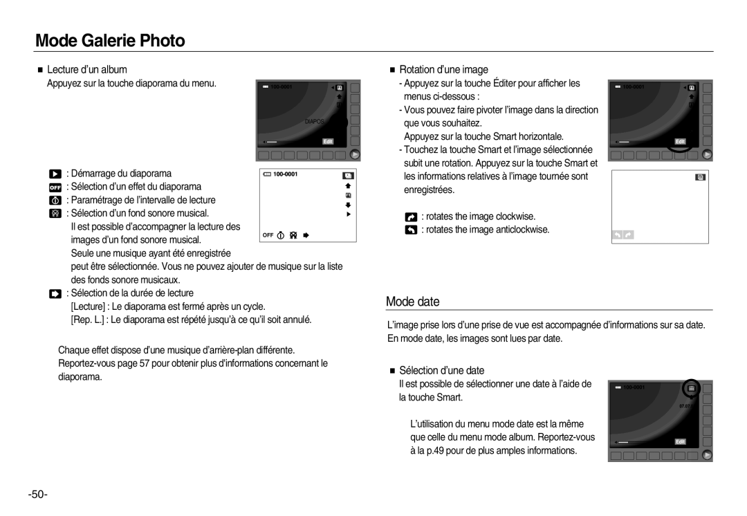 Samsung EC-NV15ZBBA/E1, EC-NV15ZSBA/E1 manual Mode date, Lecture d’un album, Rotation d’une image, Sélection d’une date 