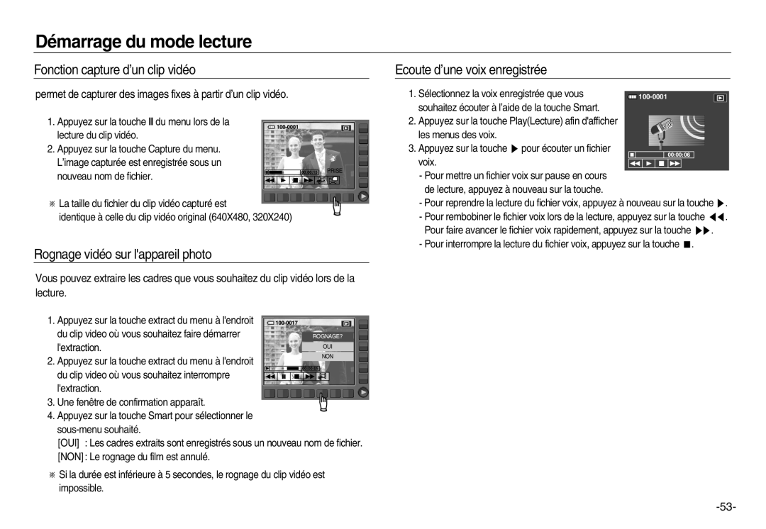 Samsung EC-NV15ZSBA/E1 Fonction capture d’un clip vidéo, Ecoute d’une voix enregistrée, Rognage vidéo sur lappareil photo 