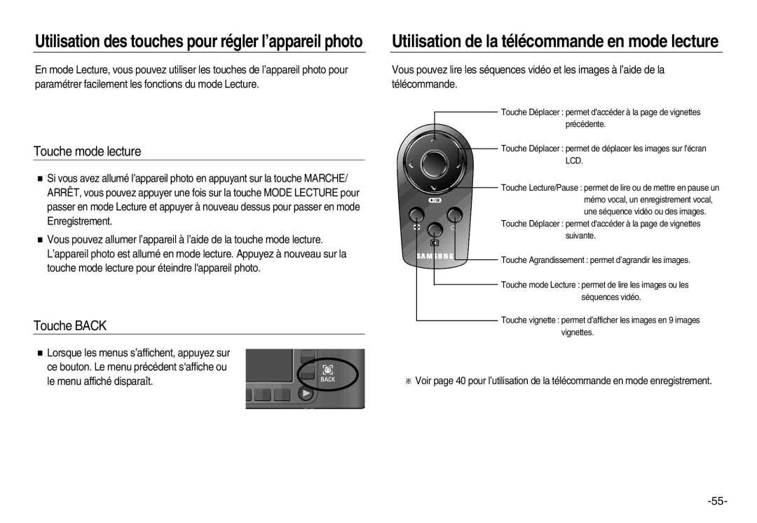 Samsung EC-NV15ZSBA/E2, EC-NV15ZSBA/E1, EC-NV15ZBBA/E2, EC-NV15ZBBA/E1, EC-NV15ZSDA/E3 manual Touche mode lecture, Touche Back 