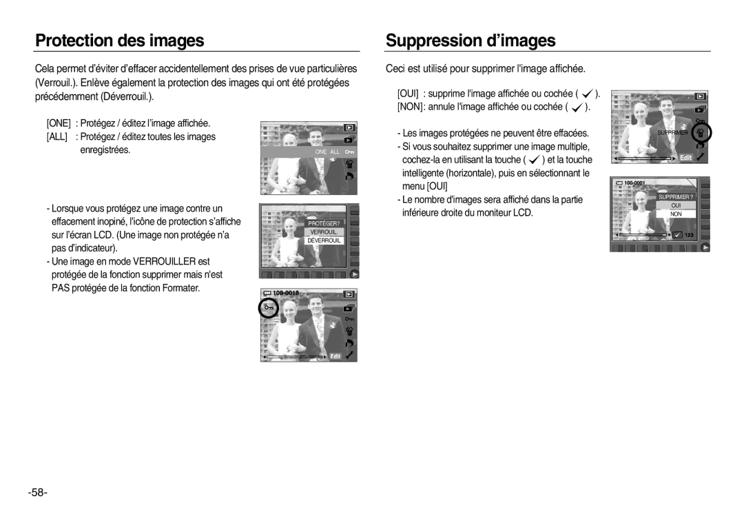 Samsung EC-NV15ZBDA/E3 manual Protection des images, Suppression d’images, Ceci est utilisé pour supprimer limage affichée 