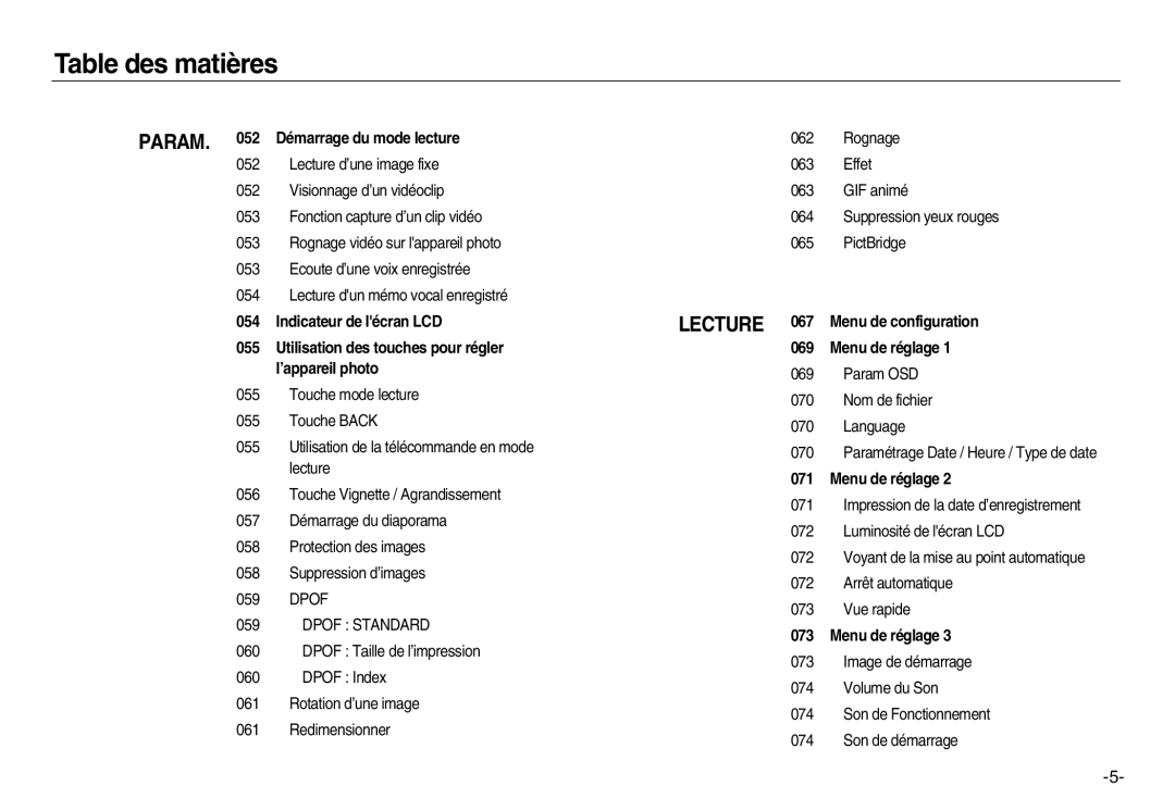 Samsung EC-NV15ZSBA/E1, EC-NV15ZBBA/E2, EC-NV15ZSBA/E2, EC-NV15ZBBA/E1 manual Param Démarrage du mode lecture, Dpof Standard 