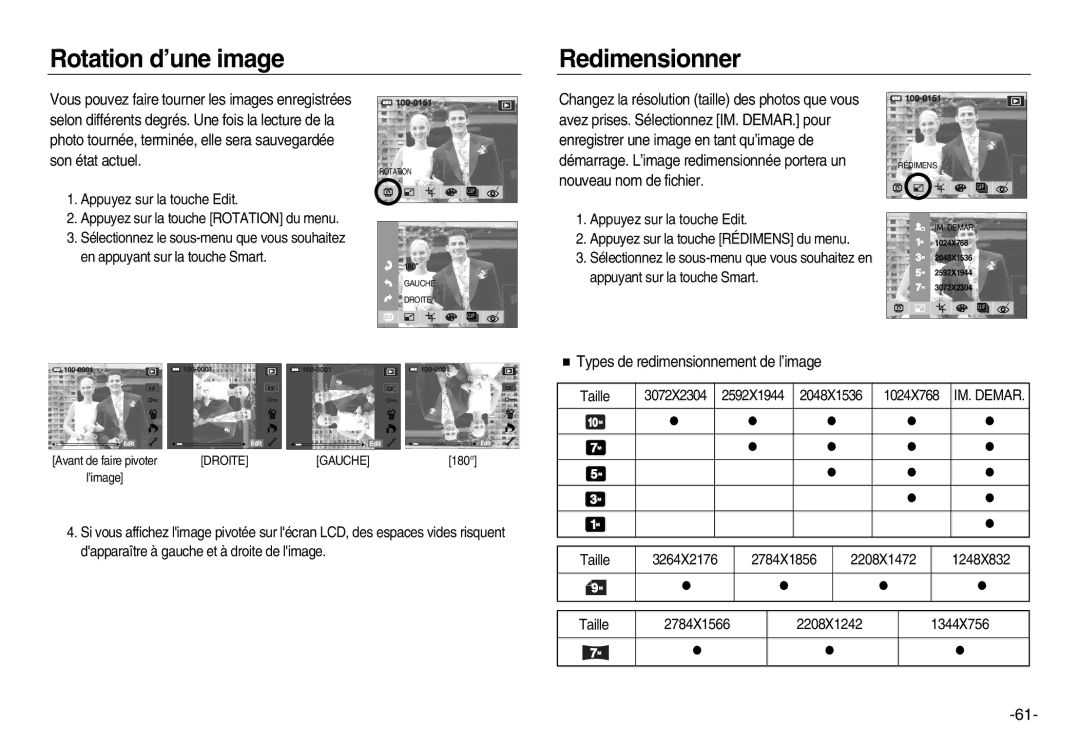 Samsung EC-NV15ZSBA/E2 manual Rotation d’une image Redimensionner, Types de redimensionnement de l’image, IM. Demar 