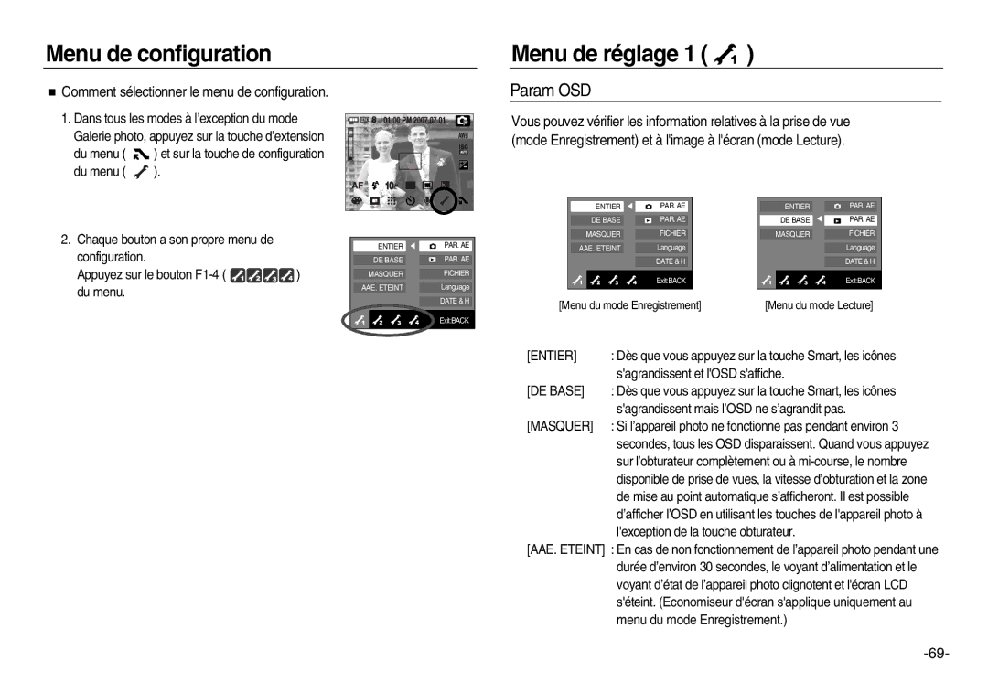 Samsung EC-NV15ZSDA/E3, EC-NV15ZSBA/E1, EC-NV15ZBBA/E2 manual Menu de configuration Menu de réglage, Param OSD, Masquer 