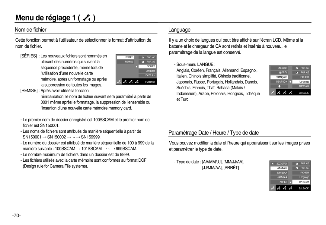 Samsung EC-NV15ZBDA/E3, EC-NV15ZSBA/E1, EC-NV15ZBBA/E2 Nom de fichier, Language, Paramétrage Date / Heure / Type de date 