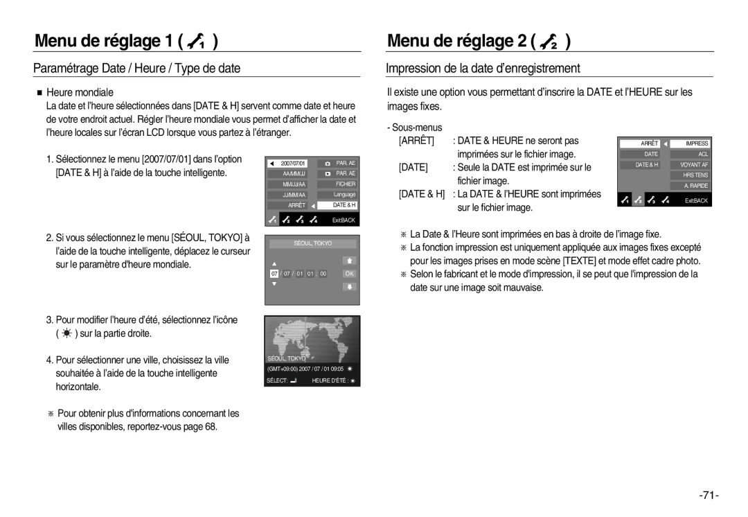 Samsung EC-NV15ZSBA/E1, EC-NV15ZBBA/E2, EC-NV15ZSBA/E2 manual Impression de la date d’enregistrement, Heure mondiale 