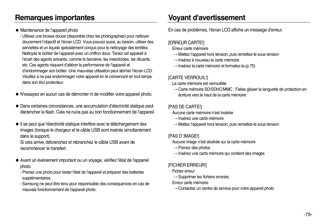 Samsung EC-NV15ZSBA/E2, EC-NV15ZSBA/E1, EC-NV15ZBBA/E2 manual Voyant davertissement, Maintenance de l’appareil photo 