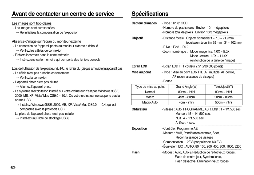 Samsung EC-NV15ZBDA/E3 manual Spécifications, Les images sont trop claires, Absence dimage sur lécran du moniteur externe 