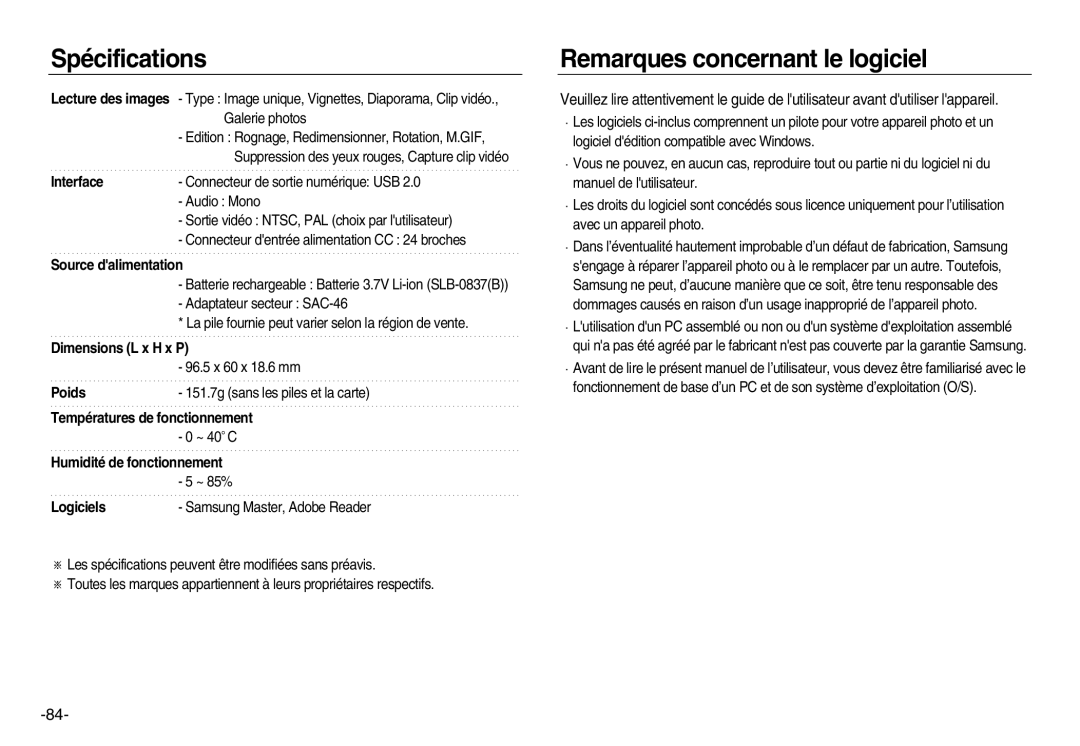 Samsung EC-NV15ZBBA/E2, EC-NV15ZSBA/E1, EC-NV15ZSBA/E2, EC-NV15ZBBA/E1 manual Remarques concernant le logiciel, Interface 