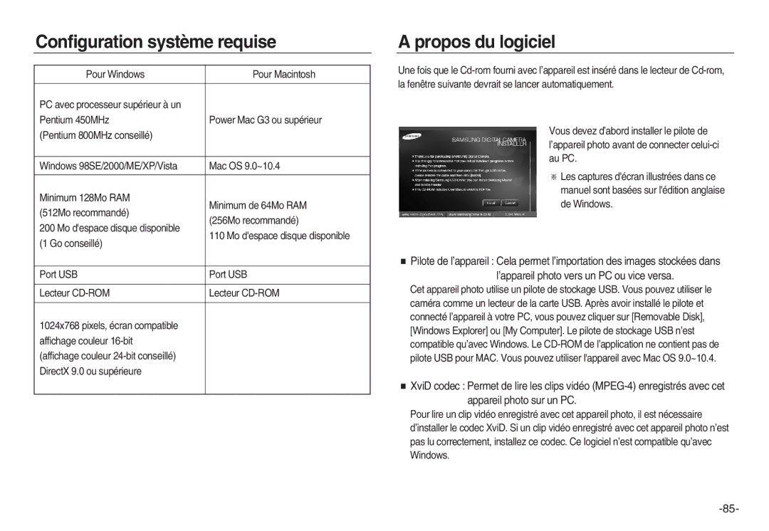 Samsung EC-NV15ZSBA/E2, EC-NV15ZSBA/E1, EC-NV15ZBBA/E2, EC-NV15ZBBA/E1 Configuration système requise, Propos du logiciel 