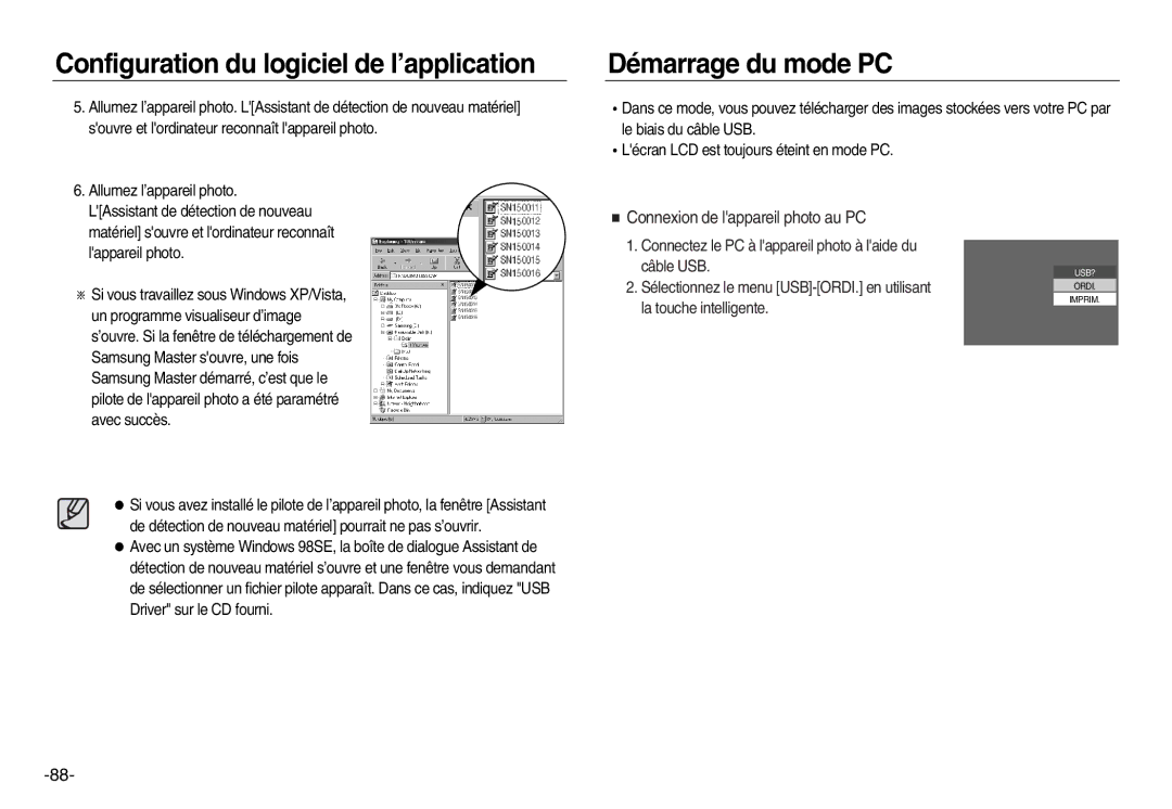 Samsung EC-NV15ZBDA/E3, EC-NV15ZSBA/E1, EC-NV15ZBBA/E2 manual Démarrage du mode PC, Connexion de lappareil photo au PC 