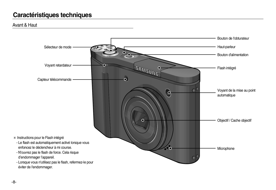 Samsung EC-NV15ZBBA/E1, EC-NV15ZSBA/E1, EC-NV15ZBBA/E2, EC-NV15ZSBA/E2 manual Caractéristiques techniques, Avant & Haut 