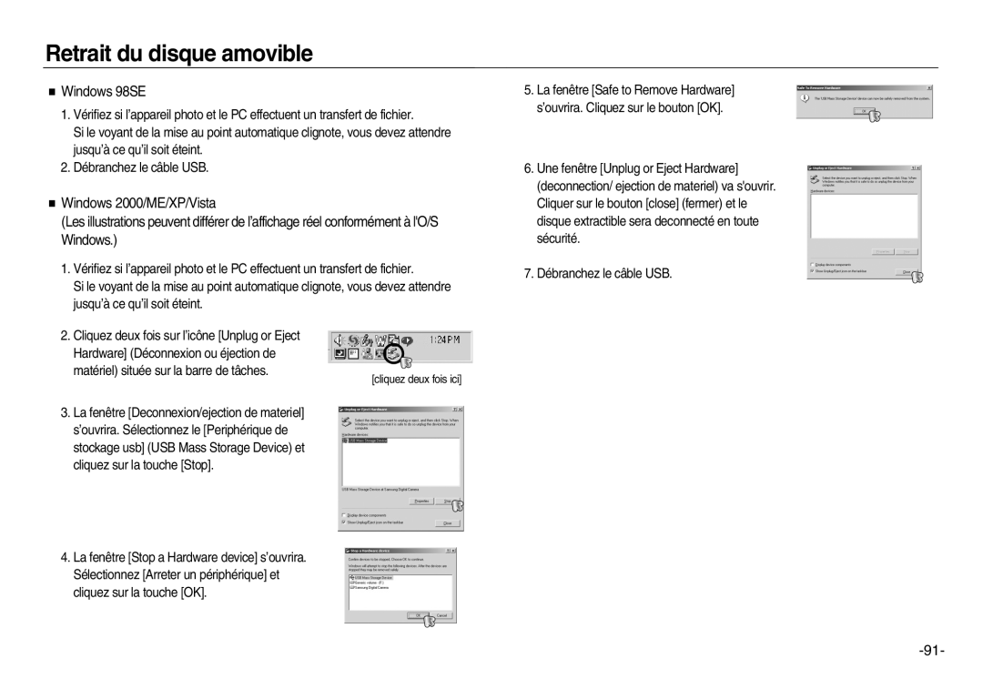 Samsung EC-NV15ZSBA/E2, EC-NV15ZSBA/E1, EC-NV15ZBBA/E2, EC-NV15ZBBA/E1 manual Retrait du disque amovible, Windows 98SE 