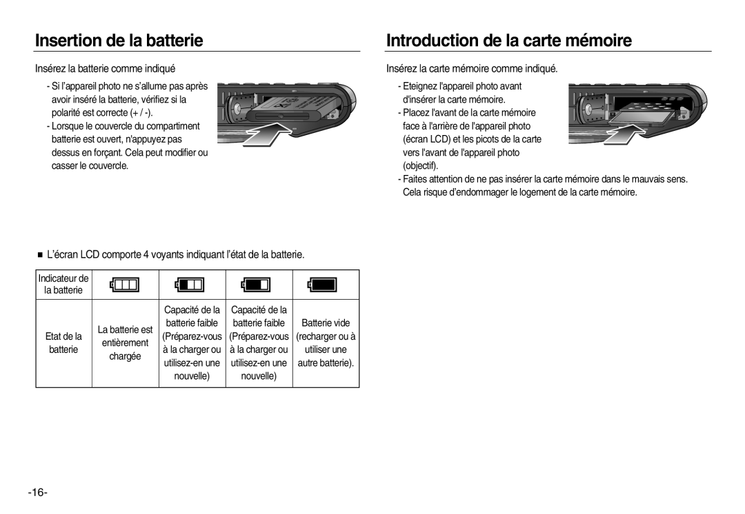 Samsung EC-NV15ZBDA/E3 manual Insertion de la batterie, Introduction de la carte mémoire, Insérez la batterie comme indiqué 
