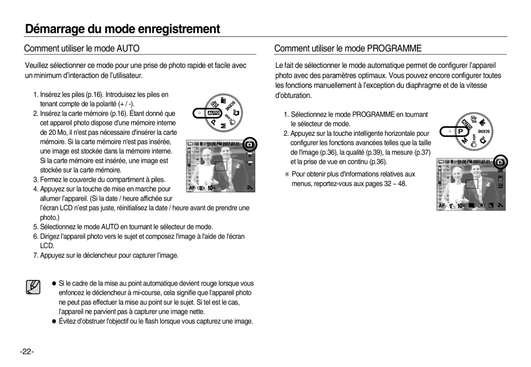 Samsung EC-NV15ZBDA/E3 Démarrage du mode enregistrement, Comment utiliser le mode AUTO, Comment utiliser le mode PROGRAMME 