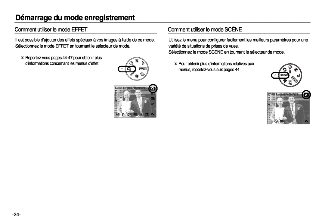 Samsung EC-NV15ZBBA/E2 Comment utiliser le mode EFFET, Comment utiliser le mode SCÈNE, Démarrage du mode enregistrement 