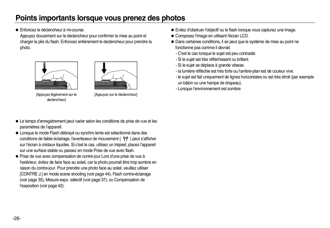 Samsung EC-NV15ZBBA/E1, EC-NV15ZSBA/E1, EC-NV15ZBBA/E2, EC-NV15ZSBA/E2 manual Points importants lorsque vous prenez des photos 