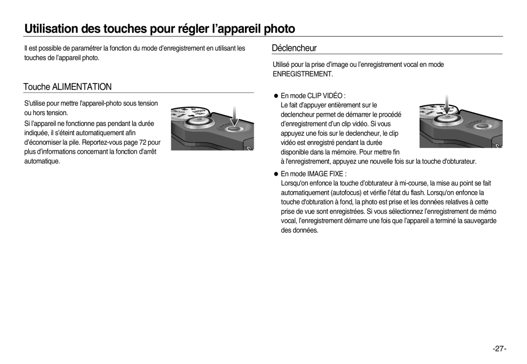 Samsung EC-NV15ZSDA/E3 manual Utilisation des touches pour régler l’appareil photo, Touche ALIMENTATION, Déclencheur 