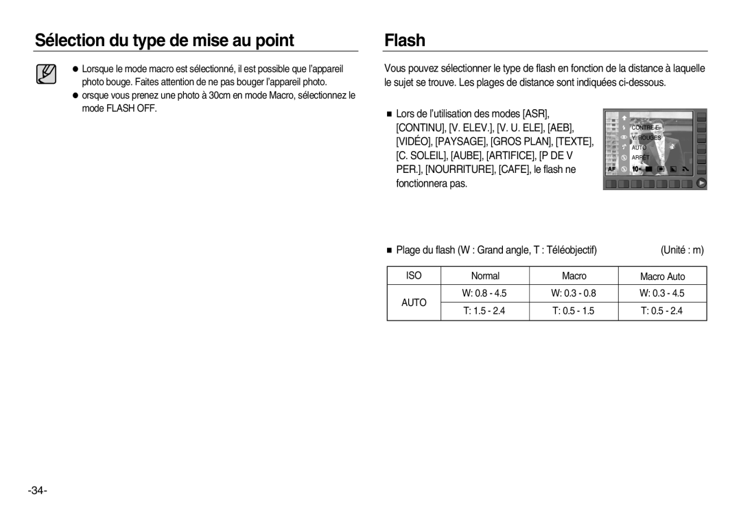 Samsung EC-NV15ZBDA/E3 manual Flash, Plage du flash W Grand angle, T Téléobjectif, Sélection du type de mise au point 