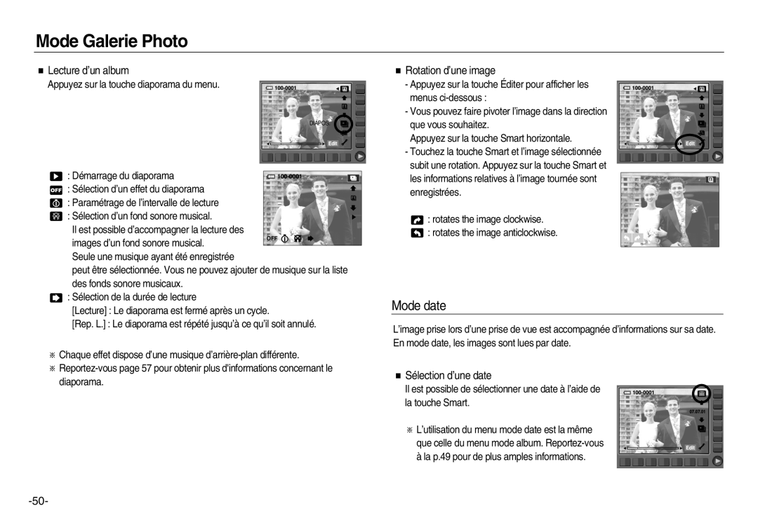 Samsung EC-NV15ZBBA/E1 manual Mode date, Lecture d’un album, Rotation d’une image, Sélection d’une date, Mode Galerie Photo 