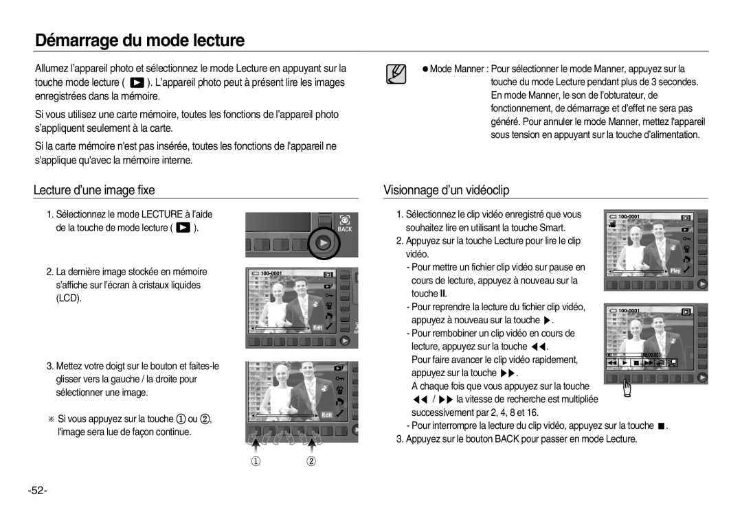Samsung EC-NV15ZBDA/E3, EC-NV15ZSBA/E1 manual Démarrage du mode lecture, Lecture d’une image fixe, Visionnage d’un vidéoclip 