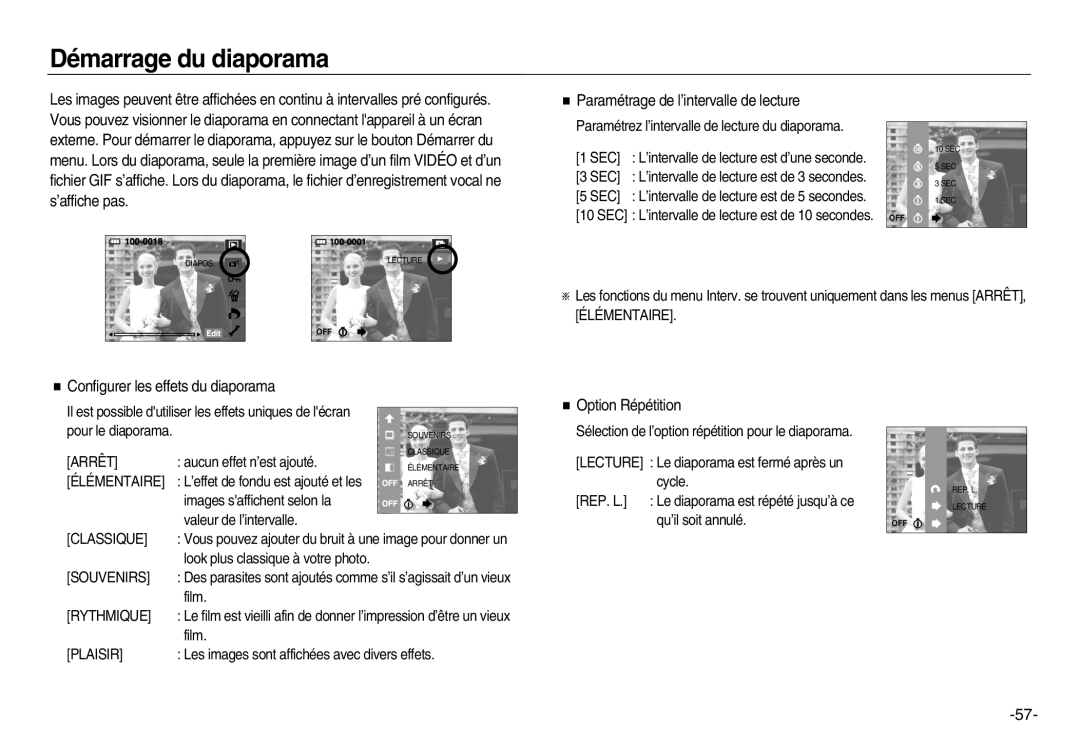 Samsung EC-NV15ZSDA/E3, EC-NV15ZSBA/E1 manual Démarrage du diaporama, Configurer les effets du diaporama, Option Répétition 