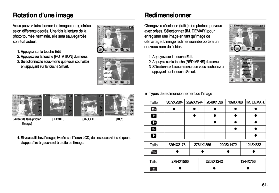Samsung EC-NV15ZSBA/E2, EC-NV15ZSBA/E1 manual Rotation d’une image, Redimensionner, Types de redimensionnement de l’image 
