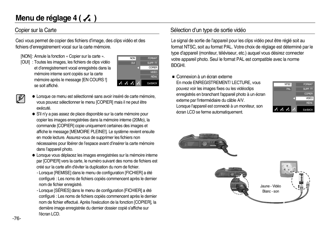 Samsung EC-NV15ZBDA/E3 manual Copier sur la Carte, Sélection d’un type de sortie vidéo, Bdghi, Connexion à un écran externe 