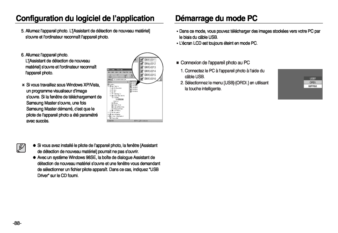 Samsung EC-NV15ZBDA/E3, EC-NV15ZSBA/E1, EC-NV15ZBBA/E2 manual Démarrage du mode PC, Connexion de lappareil photo au PC 