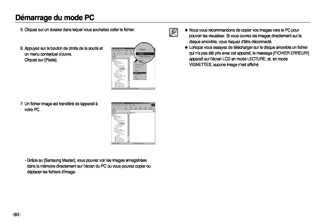 Samsung EC-NV15ZBBA/E2 manual Démarrage du mode PC, Cliquez sur un dossier dans lequel vous souhaitez coller le fichier 