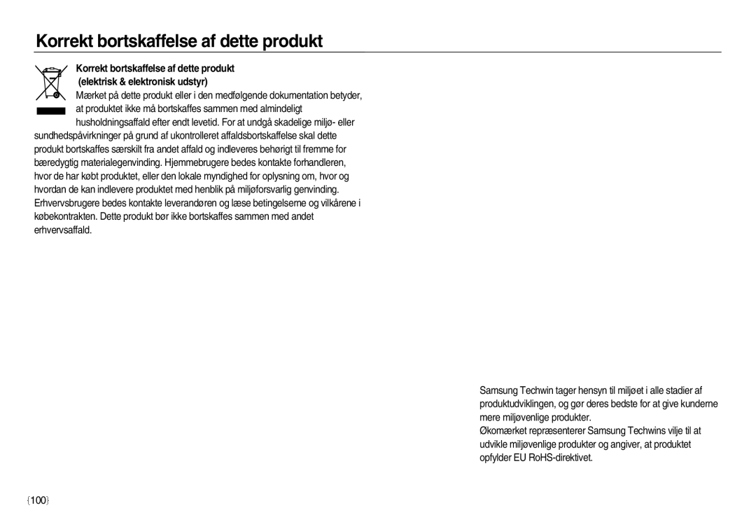 Samsung EC-NV20ZSBA/E2, EC-NV20ZBBA/E3, EC-NV20ZBBA/E2 manual Korrekt bortskaffelse af dette produkt, C100e 