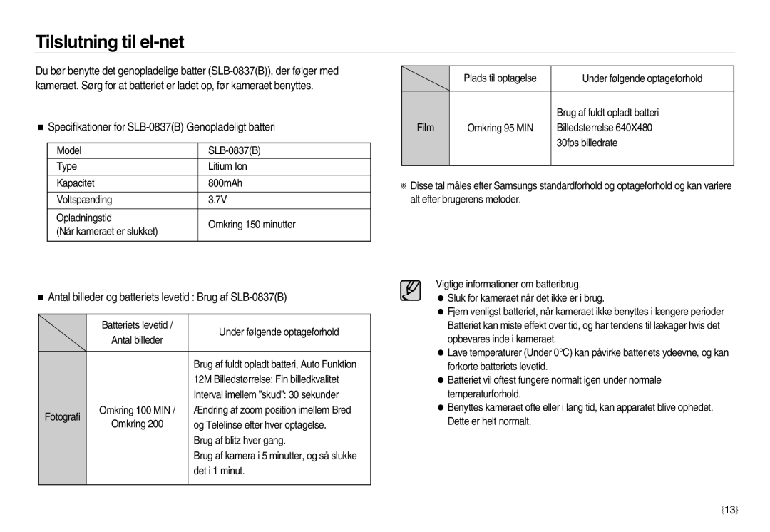 Samsung EC-NV20ZSBA/E2, EC-NV20ZBBA/E3 manual Tilslutning til el-net, Specifikationer for SLB-0837B Genopladeligt batteri 