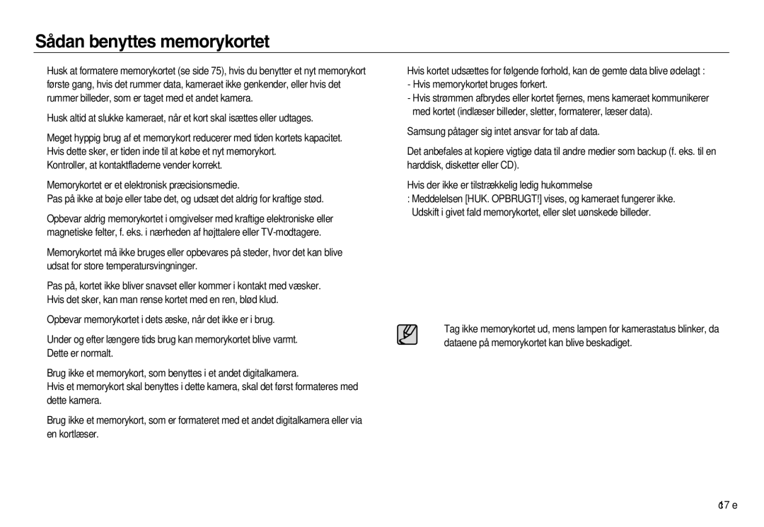 Samsung EC-NV20ZBBA/E3, EC-NV20ZBBA/E2, EC-NV20ZSBA/E2 manual Sådan benyttes memorykortet 