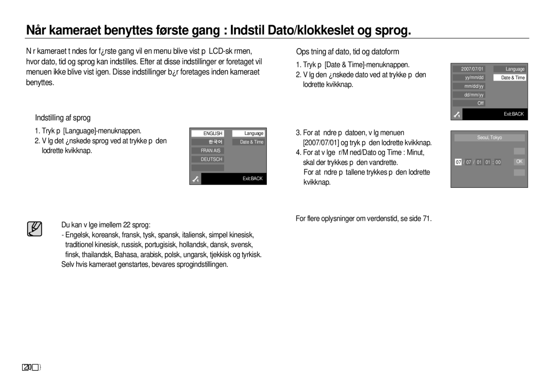 Samsung EC-NV20ZBBA/E3, EC-NV20ZBBA/E2, EC-NV20ZSBA/E2 manual Indstilling af sprog 