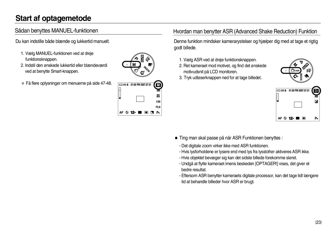 Samsung EC-NV20ZBBA/E3, EC-NV20ZBBA/E2 Sådan benyttes MANUEL-funktionen, Du kan indstille både blænde og lukkertid manuelt 