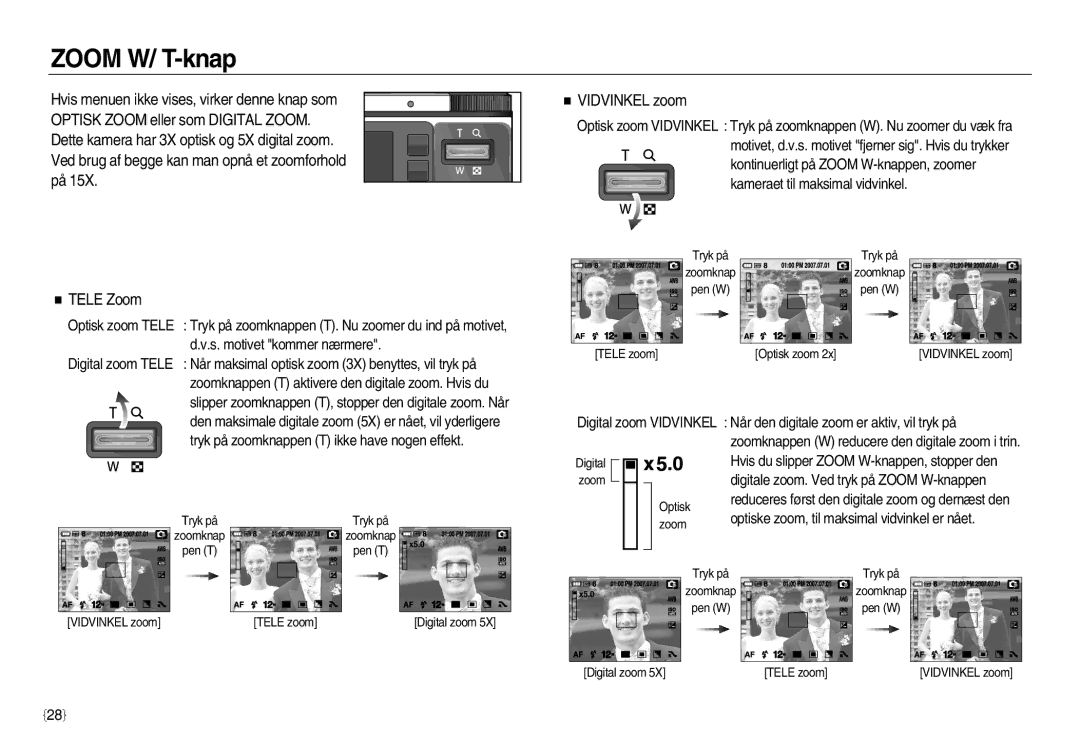 Samsung EC-NV20ZSBA/E2, EC-NV20ZBBA/E3, EC-NV20ZBBA/E2 manual Zoom W/ T-knap, Vidvinkel zoom 