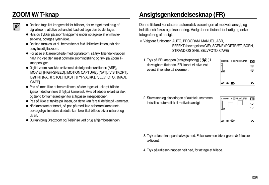 Samsung EC-NV20ZBBA/E3, EC-NV20ZBBA/E2, EC-NV20ZSBA/E2 manual Ansigtsgenkendelsesknap FR, Strand OG SNE, SELVFOTO, Cafe 