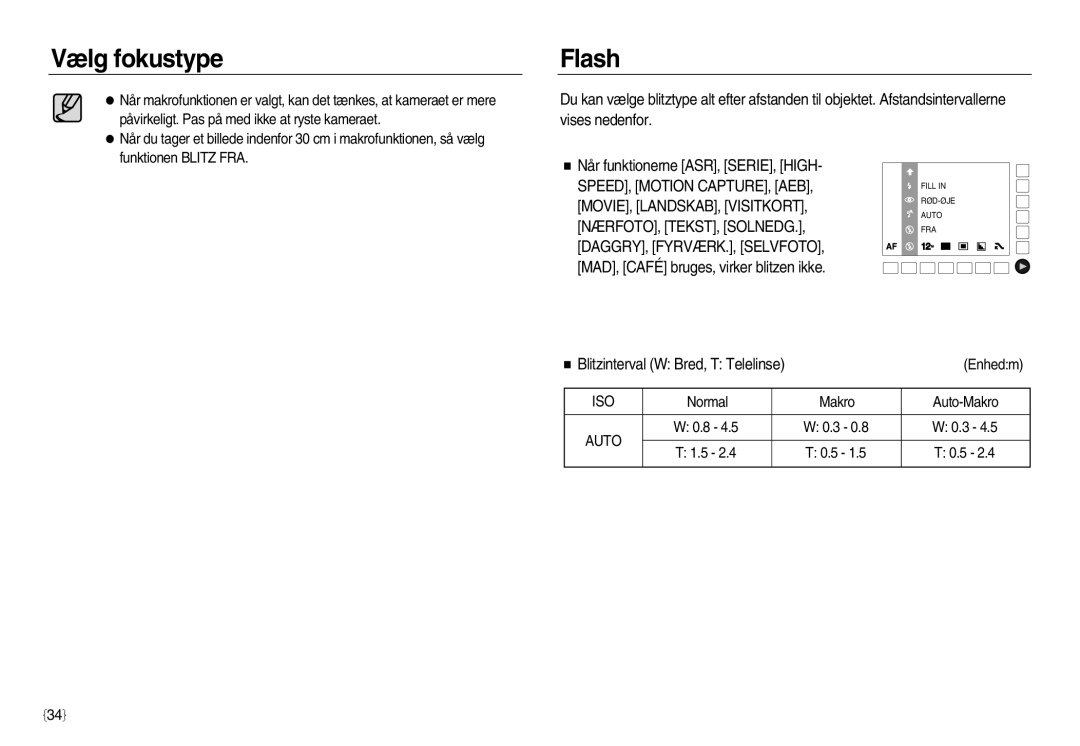 Samsung EC-NV20ZSBA/E2, EC-NV20ZBBA/E3, EC-NV20ZBBA/E2 manual Flash, Blitzinterval W Bred, T Telelinse 