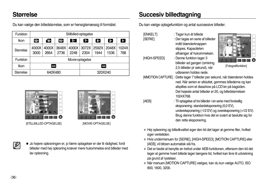 Samsung EC-NV20ZBBA/E2, EC-NV20ZBBA/E3, EC-NV20ZSBA/E2 manual Størrelse, Succesiv billedtagning, 640X480 320X240 