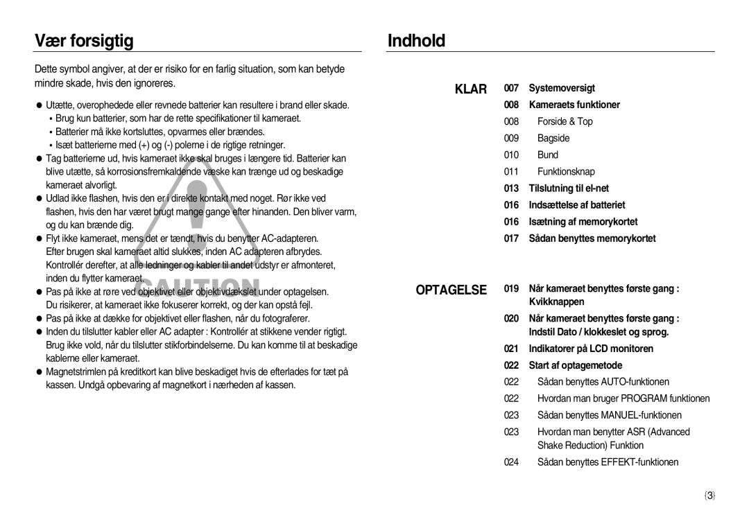 Samsung EC-NV20ZBBA/E2, EC-NV20ZBBA/E3, EC-NV20ZSBA/E2 manual Vær forsigtig, Indhold 