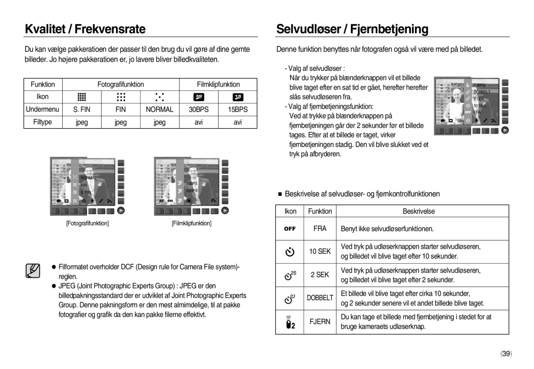 Samsung EC-NV20ZBBA/E2, EC-NV20ZBBA/E3, EC-NV20ZSBA/E2 manual Kvalitet / Frekvensrate, Selvudløser / Fjernbetjening, Sek 