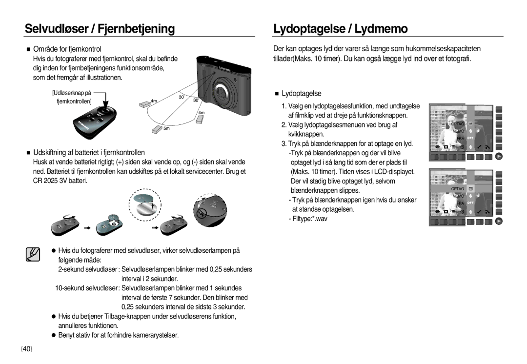 Samsung EC-NV20ZSBA/E2 manual Lydoptagelse / Lydmemo, Område for fjernkontrol, Udskiftning af batteriet i fjernkontrollen 