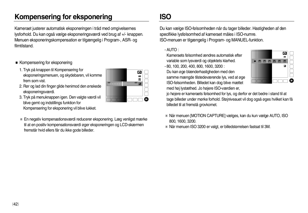 Samsung EC-NV20ZBBA/E2, EC-NV20ZBBA/E3, EC-NV20ZSBA/E2 manual Kompensering for eksponering, Iso 