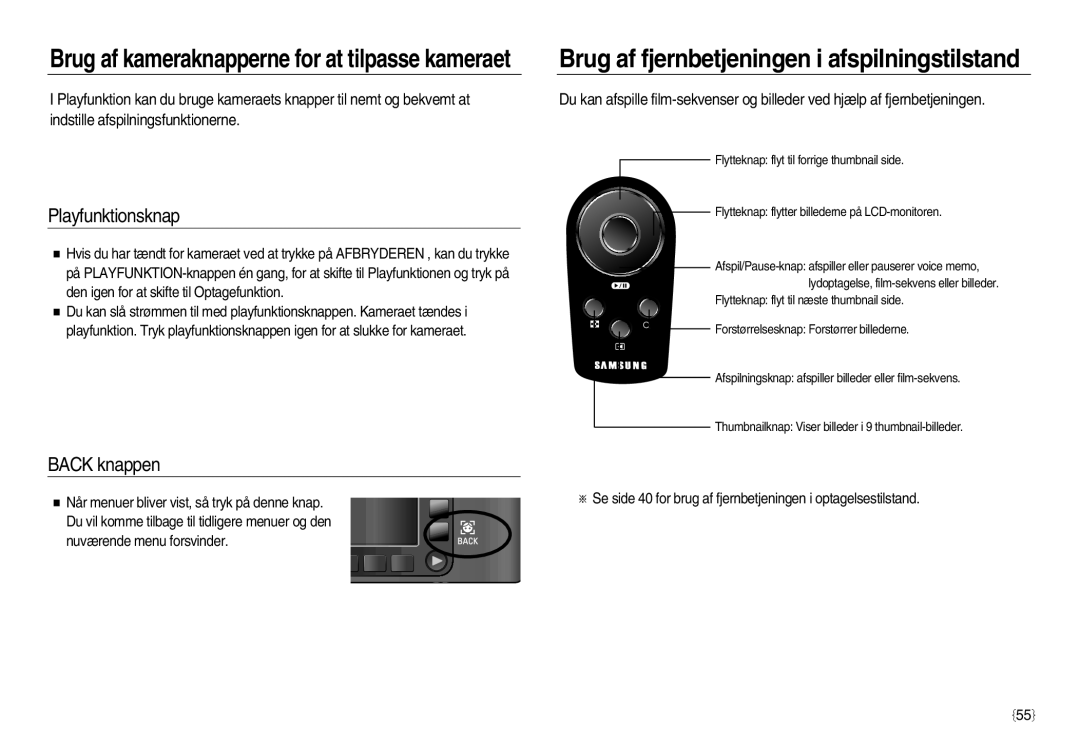 Samsung EC-NV20ZSBA/E2, EC-NV20ZBBA/E3, EC-NV20ZBBA/E2 manual Playfunktionsknap, Back knappen 